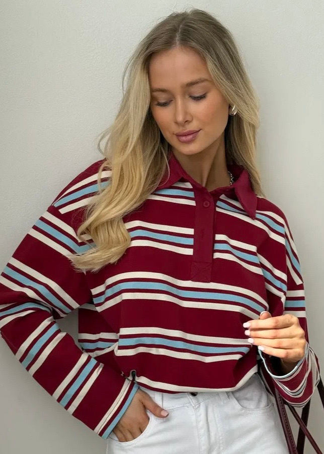 Striped Cotton Polo Long Sleeve Top - Casual Loose Fit