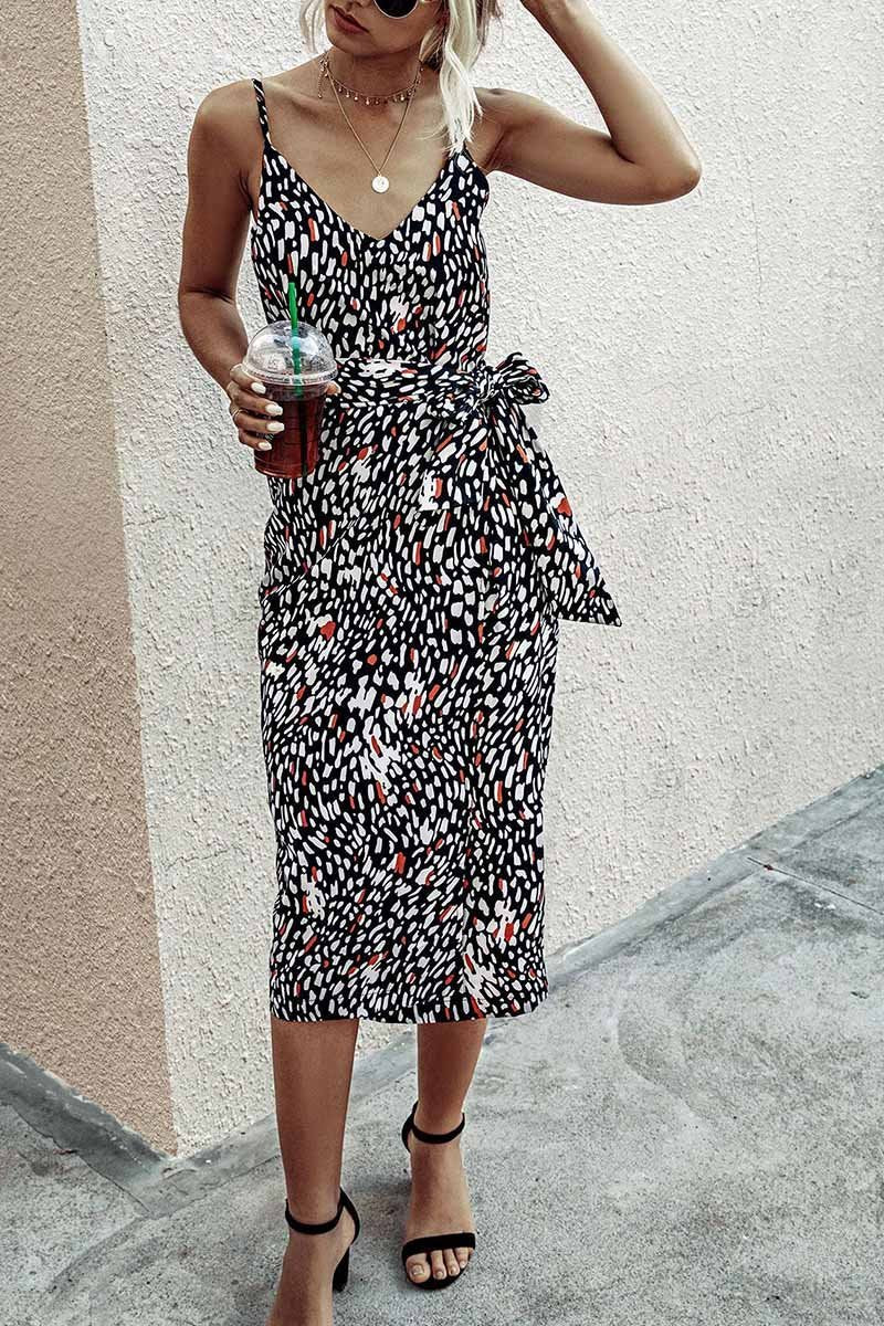 Vestido midi con escote en V y estampado con cinturones (4 colores)