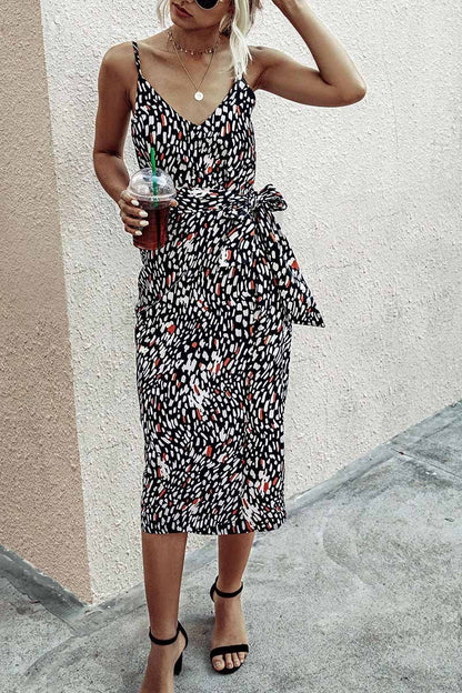 Vestido midi con escote en V y estampado con cinturones (4 colores)