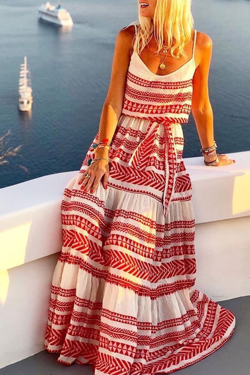 Geometric Printed Loose Ankle Maxi Dress(4 Colors)