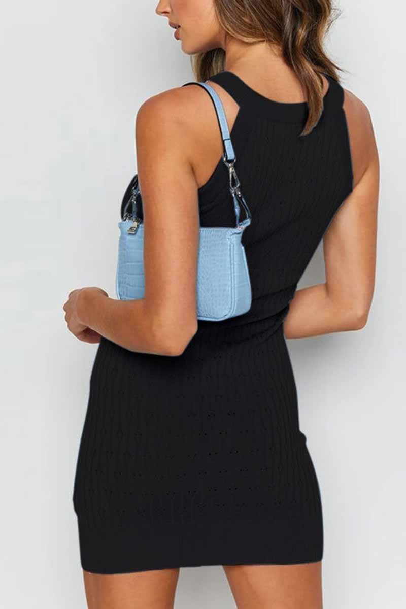 Solid Color Sleeveless Striped Knitted Bag Hip Mini Dress