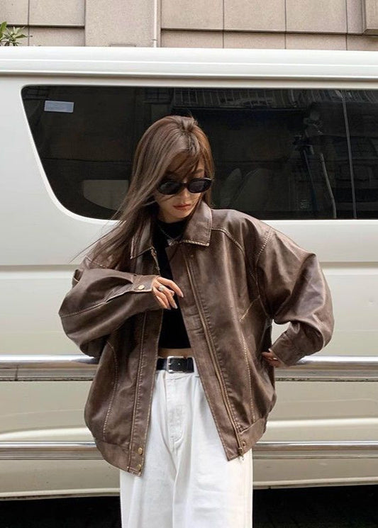 Nova Oversized Faux Leather Jacket – Vintage Brown Streetwear Fit