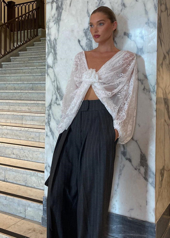 Celestia - Sheer Lace Cropped Blouse with Floral Front Tie