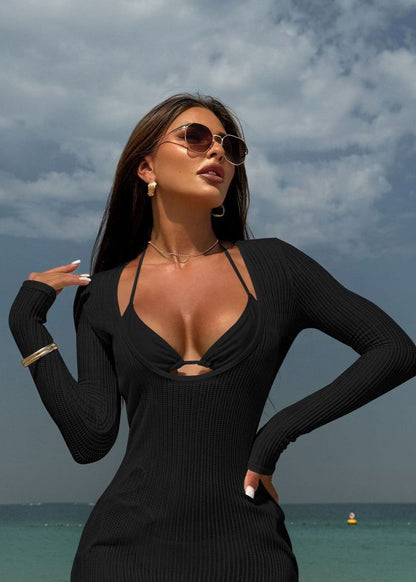 Ocean Drift - White Mesh Knit Beach Dress & Bikini Set