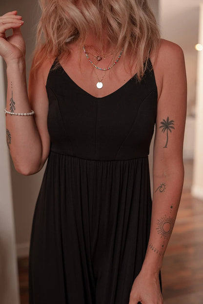 Black Spaghetti Strap Open Back Pleated Wide Leg Jumpsuit