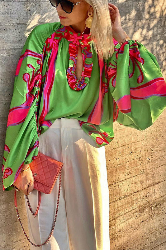 Blusa de satén con cuello recortado y mangas globo Zariah