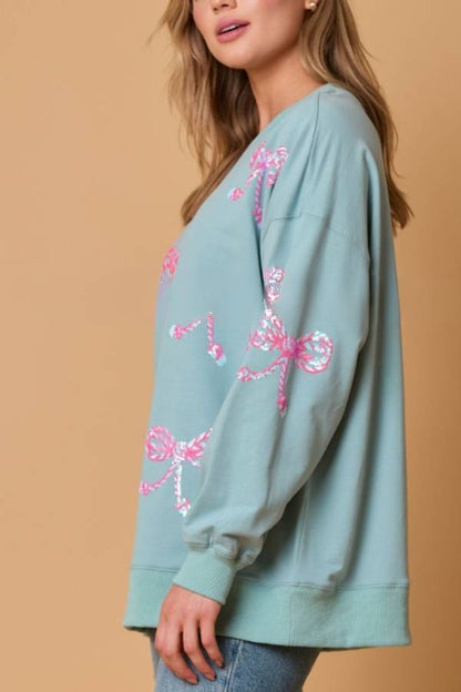 Bowknot Sequined Casual Loose Long Sleeve Sweatshirt