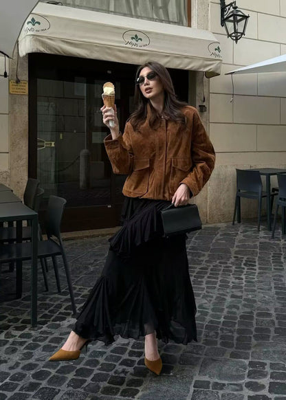 Suede-Effect Oversized Jacket with Front Pockets – Brown