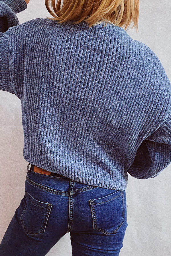 Solid Color Casual Round Neck Lantern Sleeve Short Knitted Sweater