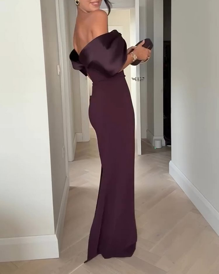 Solid Color Satin Stitching Evening Gown Dress