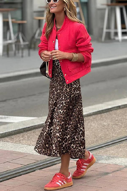 Falda midi holgada con cintura elástica y estampado de leopardo Coffee Time