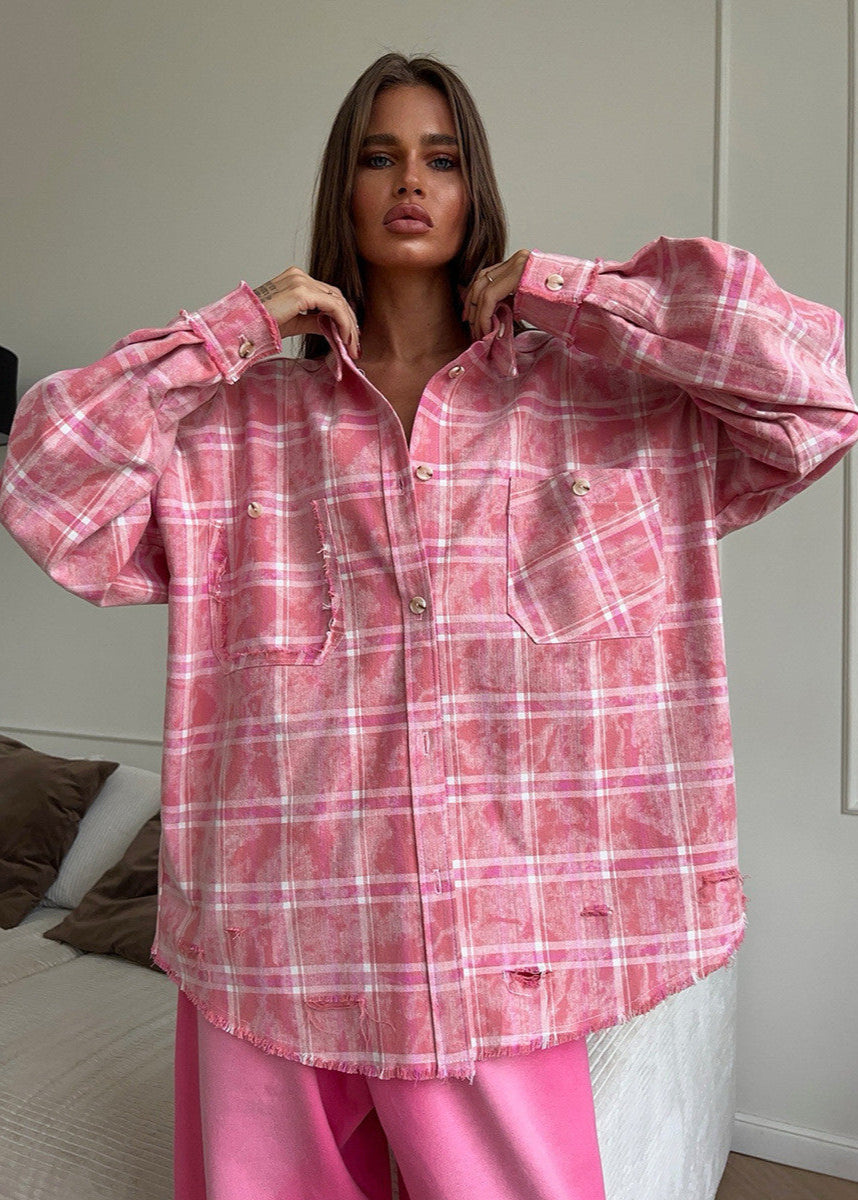 Rowena - Distressed Pink Plaid Oversized Shirt