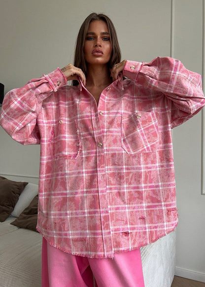 Rowena - Distressed Pink Plaid Oversized Shirt
