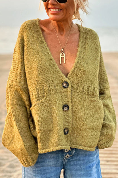 Suéter tipo cárdigan de punto con cuello en V, manga larga, holgado y de color liso con bolsillos