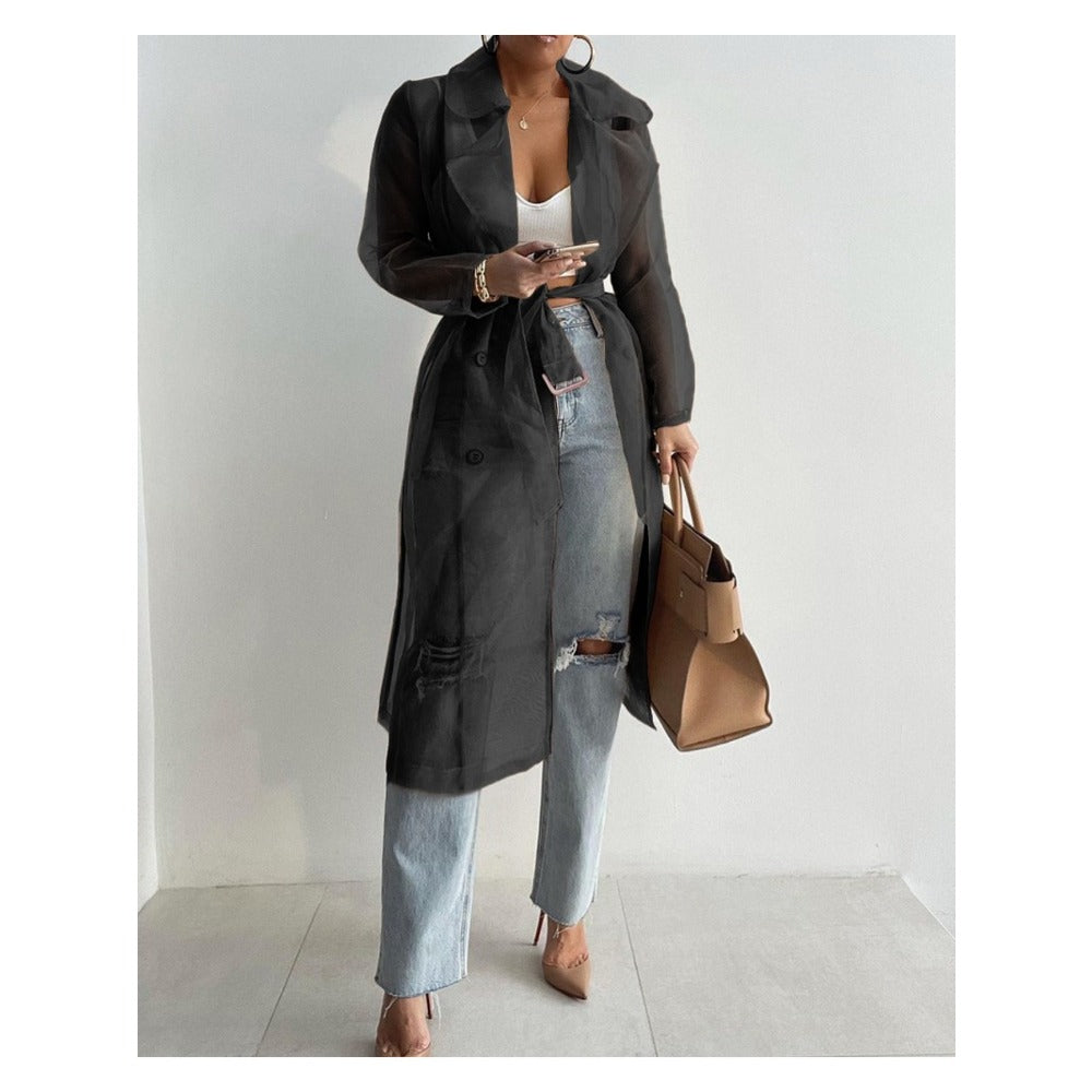 Sheer Long Sleeve Trench Coat with Belt for Women - Diana