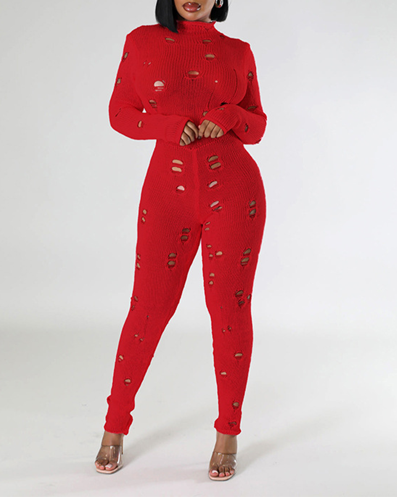 Long-Sleeved Knitted Holes In Slimming Jumpsuits
