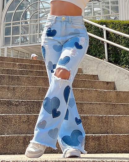 Patch Ripped Straight-Leg Jeans