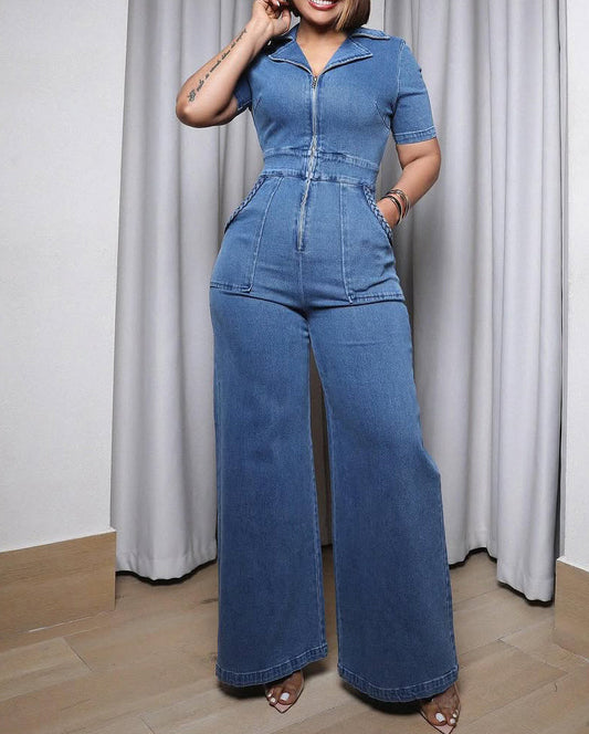 Casual Loose Straight Leg Demin Jumpsuits with Pockets