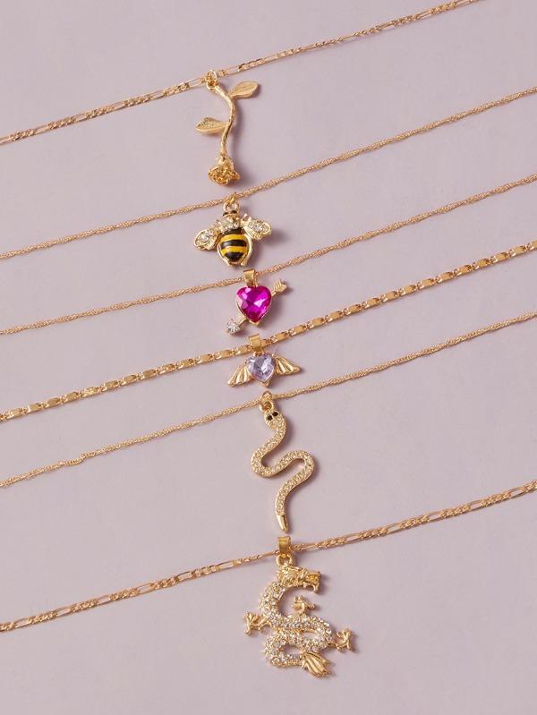 6pcs Rose & Bee Charm Necklace for Women