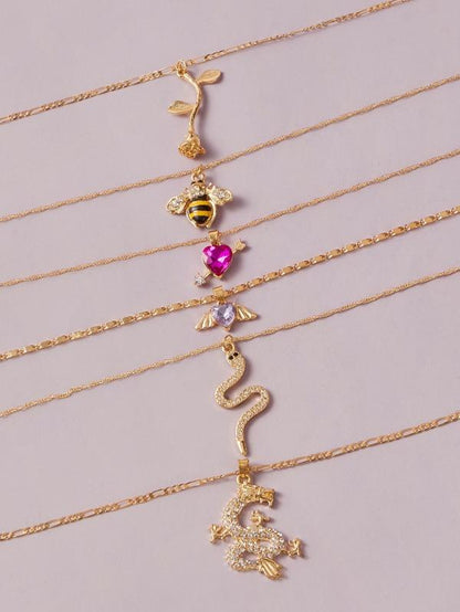 6pcs Rose & Bee Charm Necklace for Women
