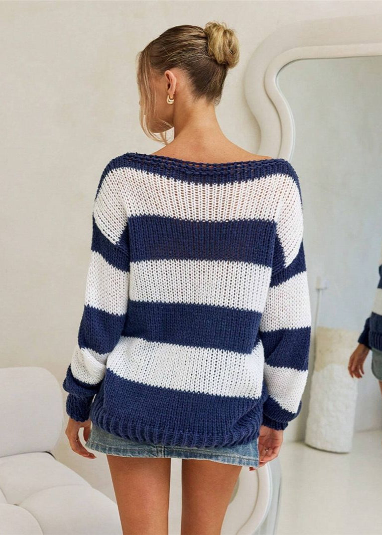 Nautica – Navy and White Striped Boat Neck Sweater