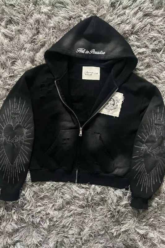 Letter Embroidery Zipper Hoodie