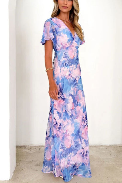 Abstract Print Short Sleeve Belted Wrap Midi Dress