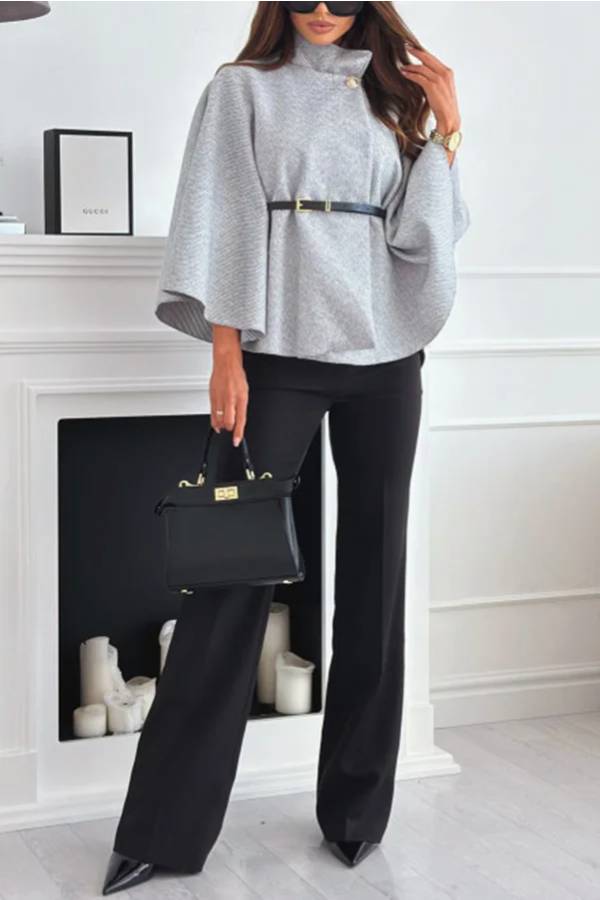 Capa extragrande de lana con cuello alto y botones y cinturón Elegant Moment