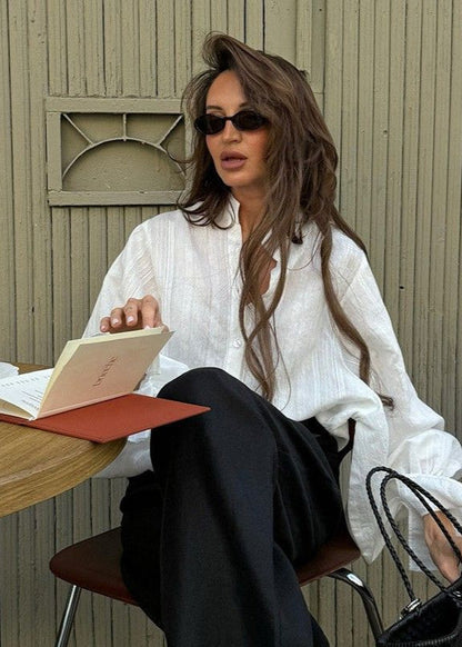 Averine - White Button-Up Shirt with Statement Balloon Sleeves