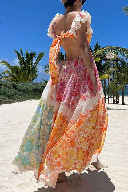 Vestido largo con volantes y espalda recortada con lazo Blooming Beauty