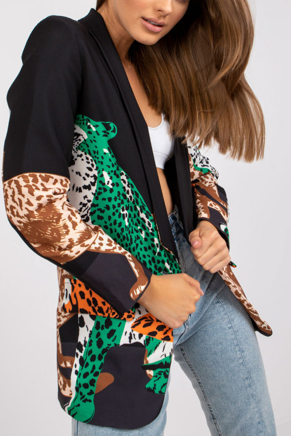 Leopard Print Contrast Slim Fit Long Blazer