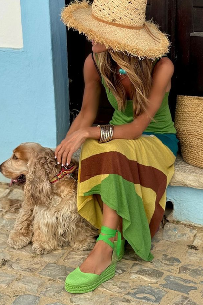 Abstract Print Green Round Neck Suspender Long Dress