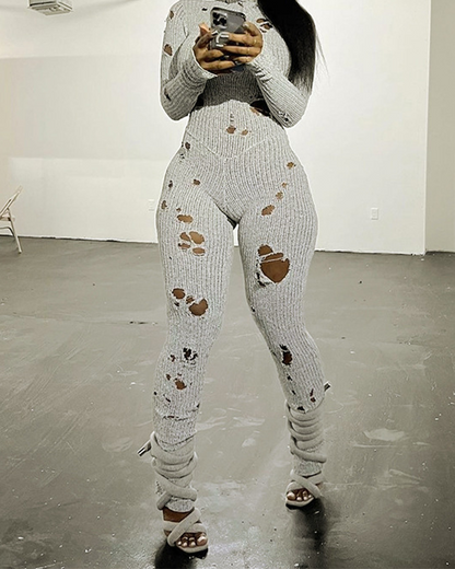 Long-Sleeved Knitted Holes In Slimming Jumpsuits