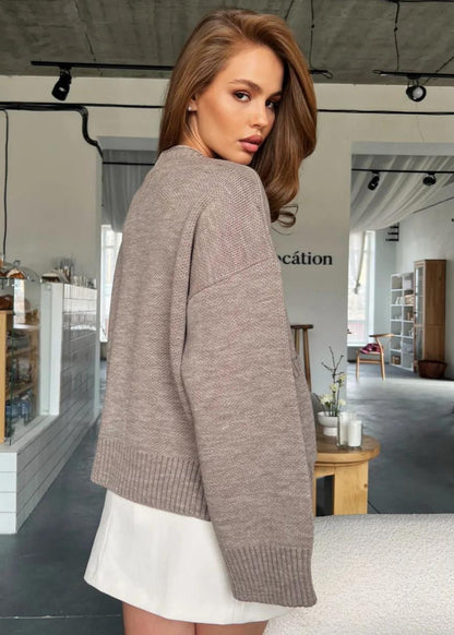 Oversized Knit Button Cardigan - Women’s Long Sleeve V-Neck Sweater