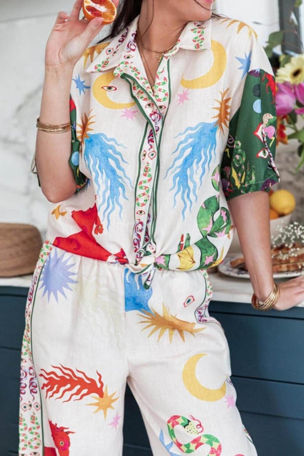 Conjunto de camisa holgada de manga corta y pantalón con cintura elástica con estampado único de belleza bohemia