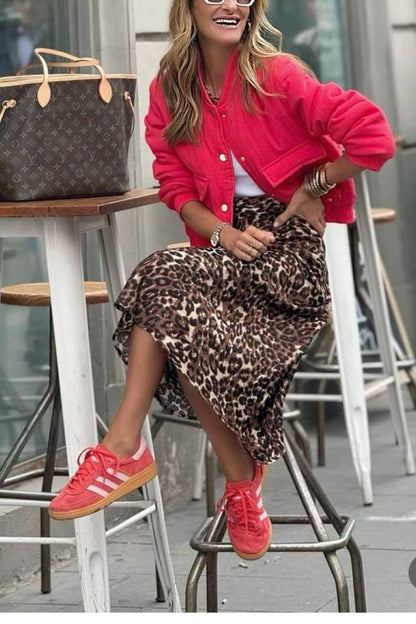 Falda midi holgada con cintura elástica y estampado de leopardo Coffee Time