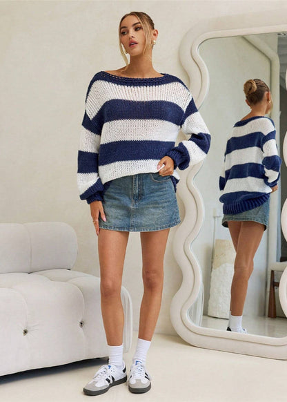 Nautica – Navy and White Striped Boat Neck Sweater
