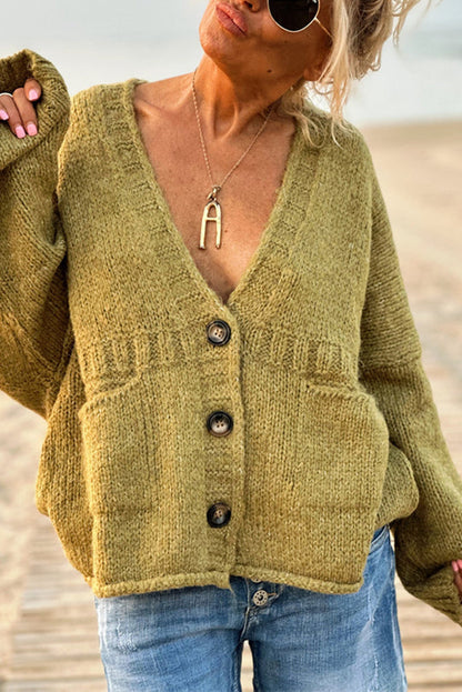 Suéter tipo cárdigan de punto con cuello en V, manga larga, holgado y de color liso con bolsillos