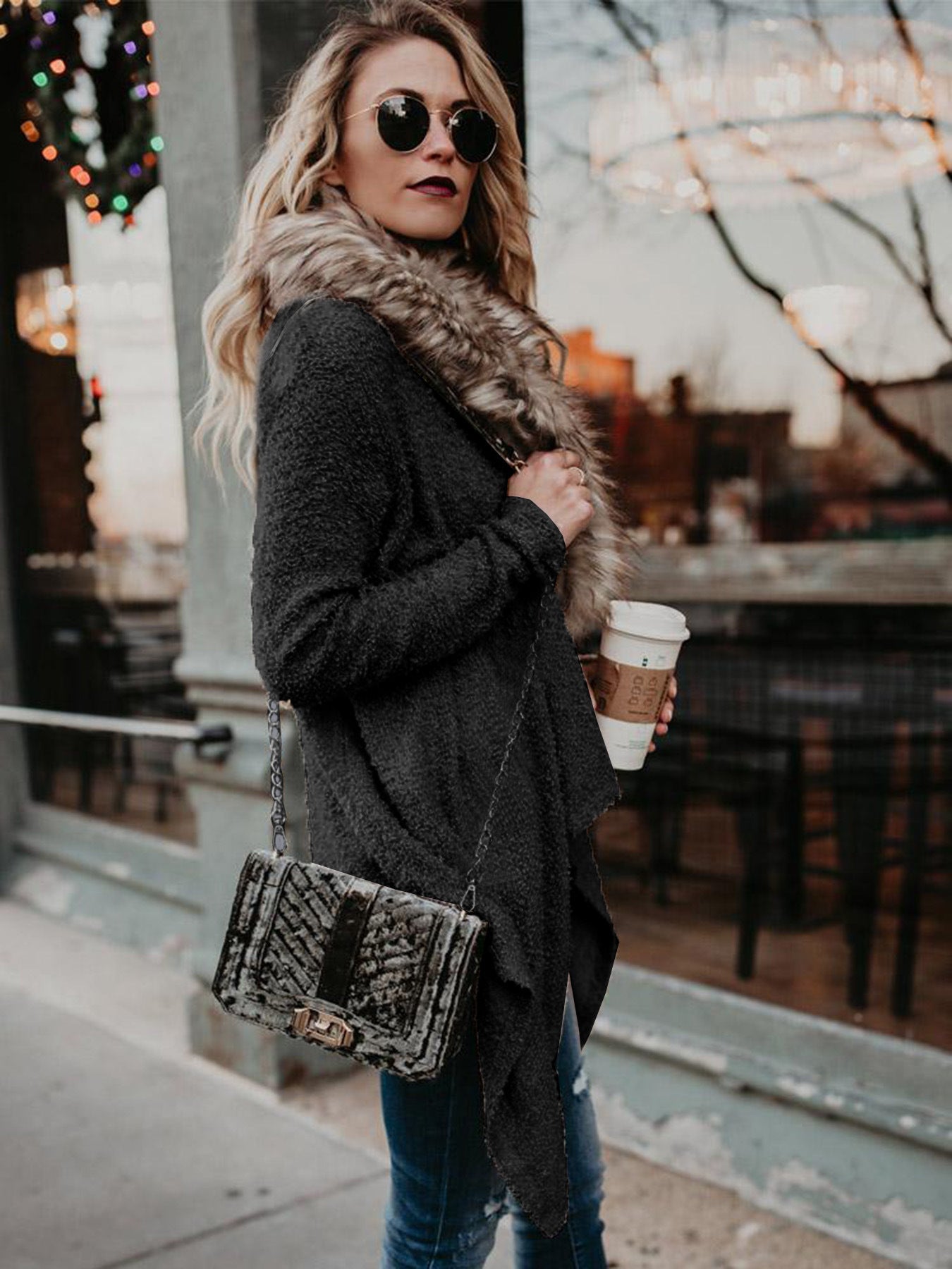 Casual Fur Collar Cardigan Plush Trench Coat