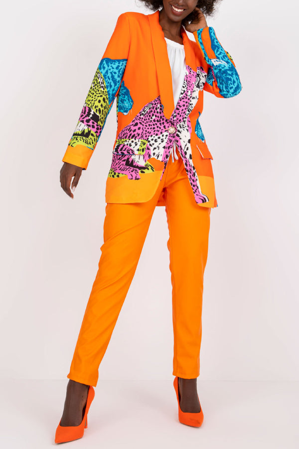 Leopard Print Contrast Slim Fit Long Blazer