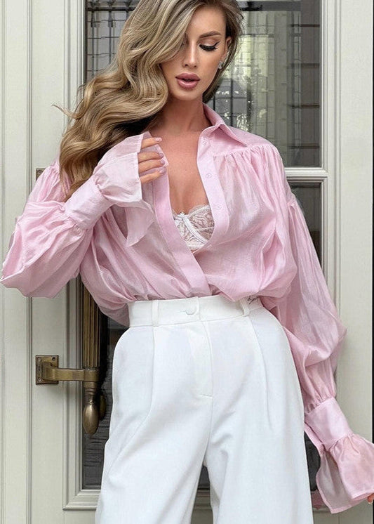 Aurora - White Volume Sleeve Button Blouse