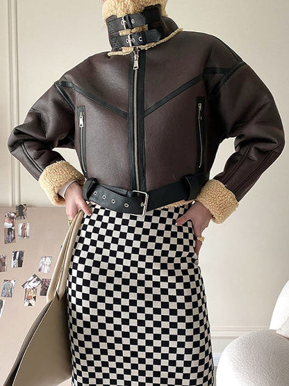 Classic Brown Lambswool Lined Leather Splice Short Jacket