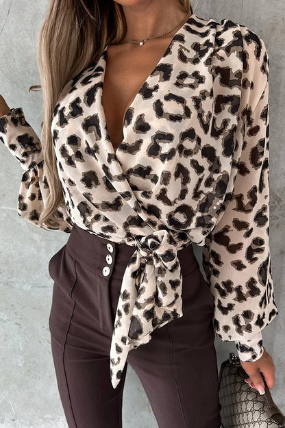 V-Neck Leopard Print Patchwork Blouse