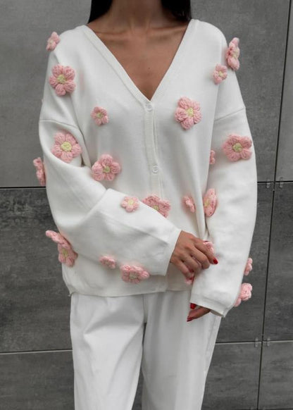 Blush Bloom - 3D Floral Knit Cardigan with V-Neck
