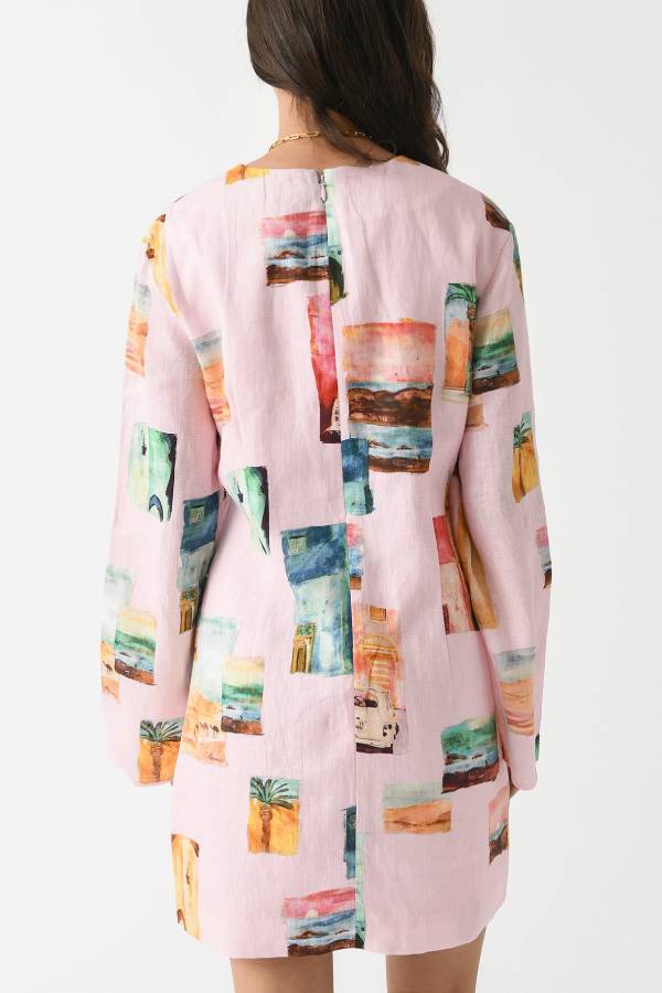 Coastal Cove Linen Blend Unique Print Tie-up Neck Long Sleeve Loose Mini Dress