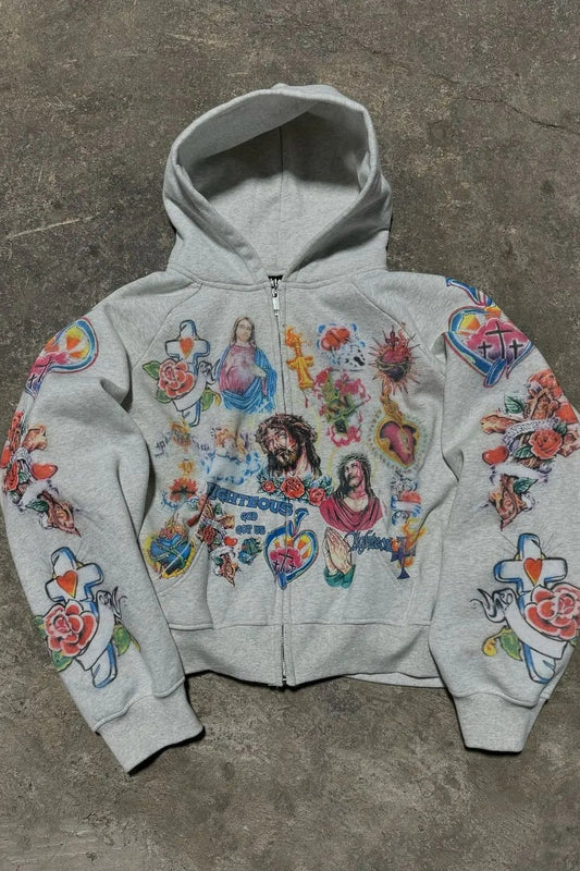 Retro Pattern Printed Loose Hoodie