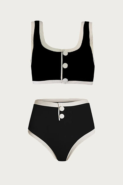 Elegant Contrast Button Detail Two-Piece Swimsuit
