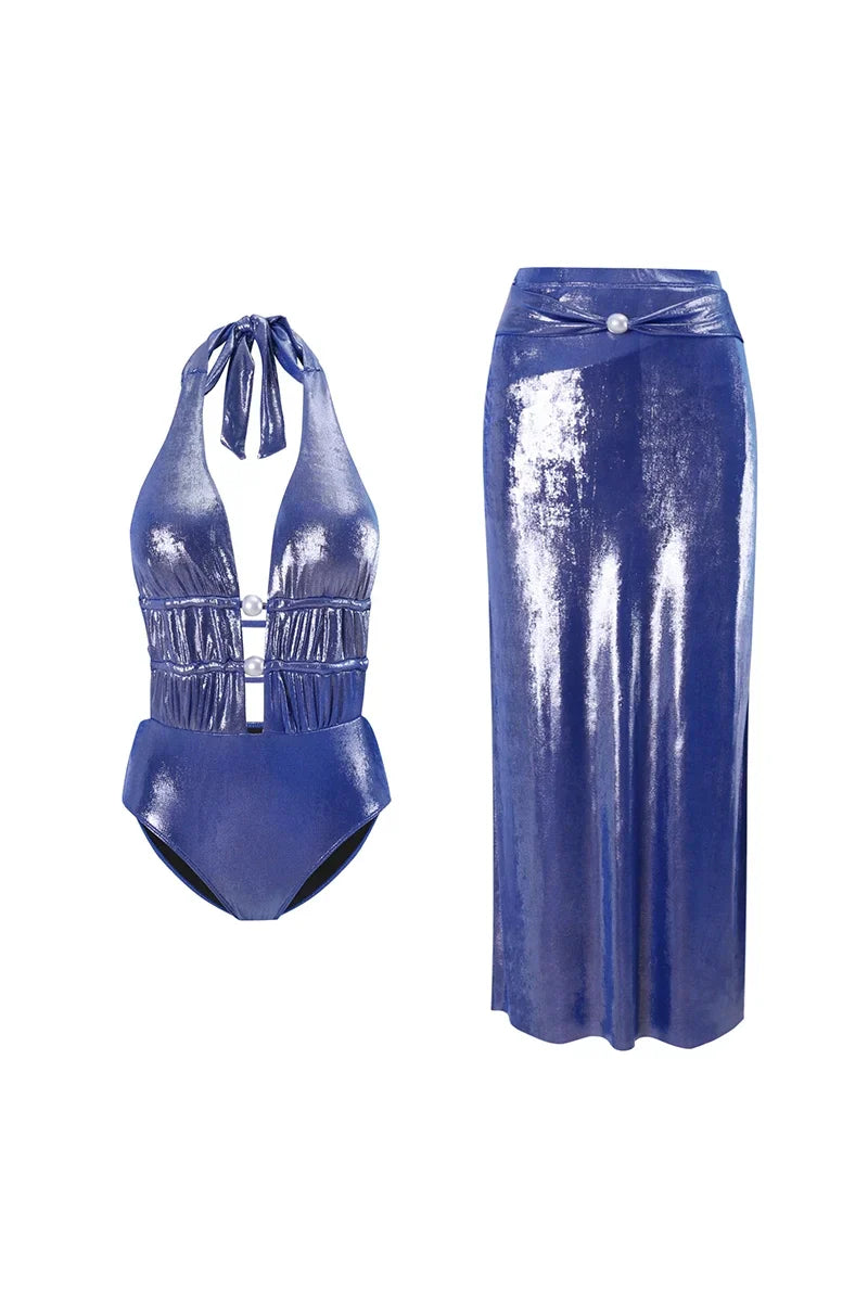 Glossy Mist Deep V Halter Pearl Swimsuit