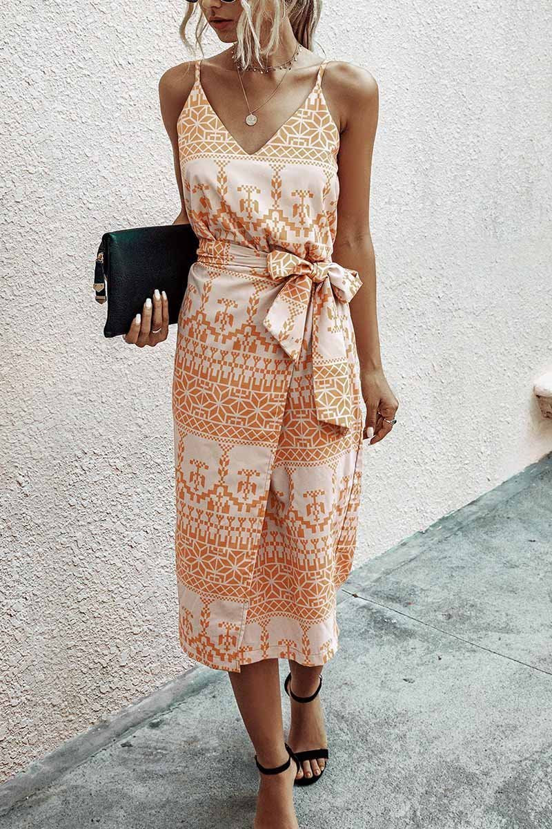 Vestido midi con escote en V y estampado con cinturones (4 colores)