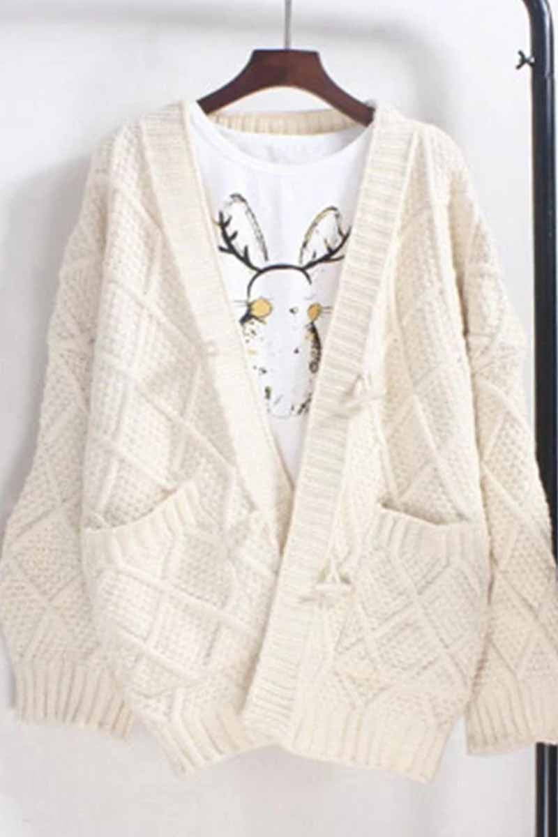 Solid Ribbed Horn Buckle Pockets Cardigan(4 Colors)